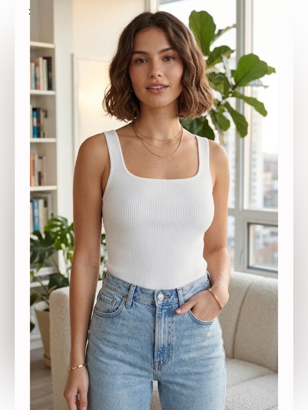 Babaton White Ribbed Square-Neck Tank